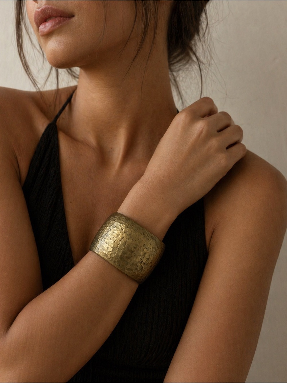 Wide Hammered Brass Cuff Bracelet - Gold